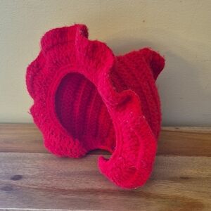 Vintage Hand Crocheted Infant Red Red Riding Hood Ruffled Bonnet 0-6M